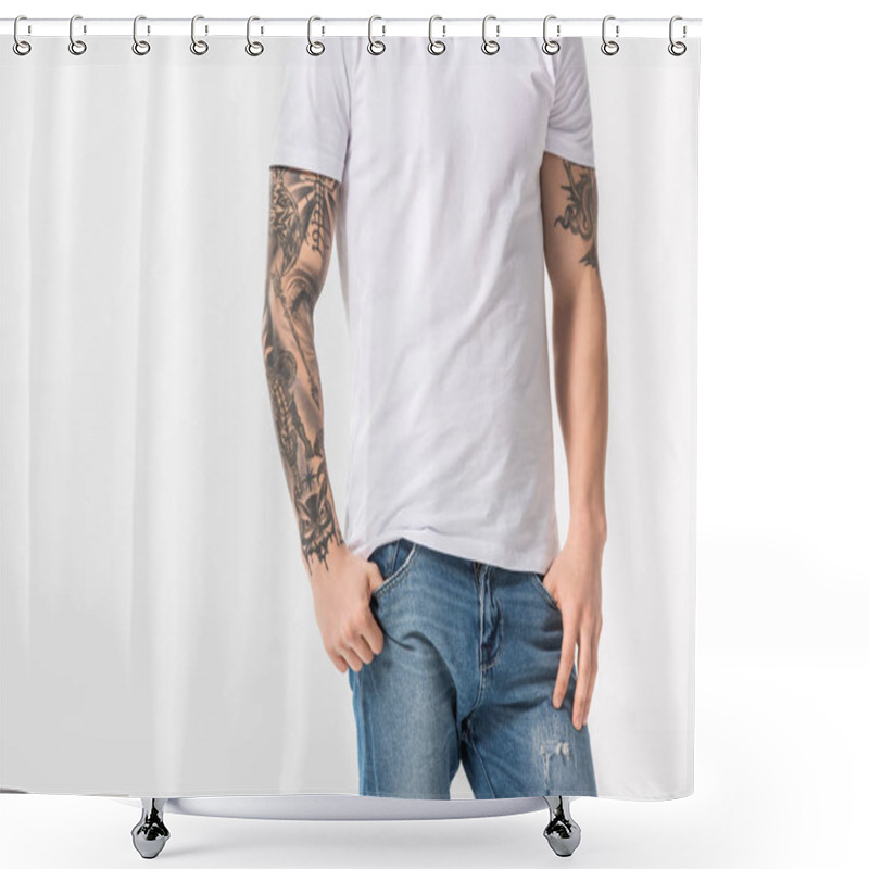 Personality  Cropped View Of Young Tattooed Man In Jeans Posing Isolated On White Shower Curtains