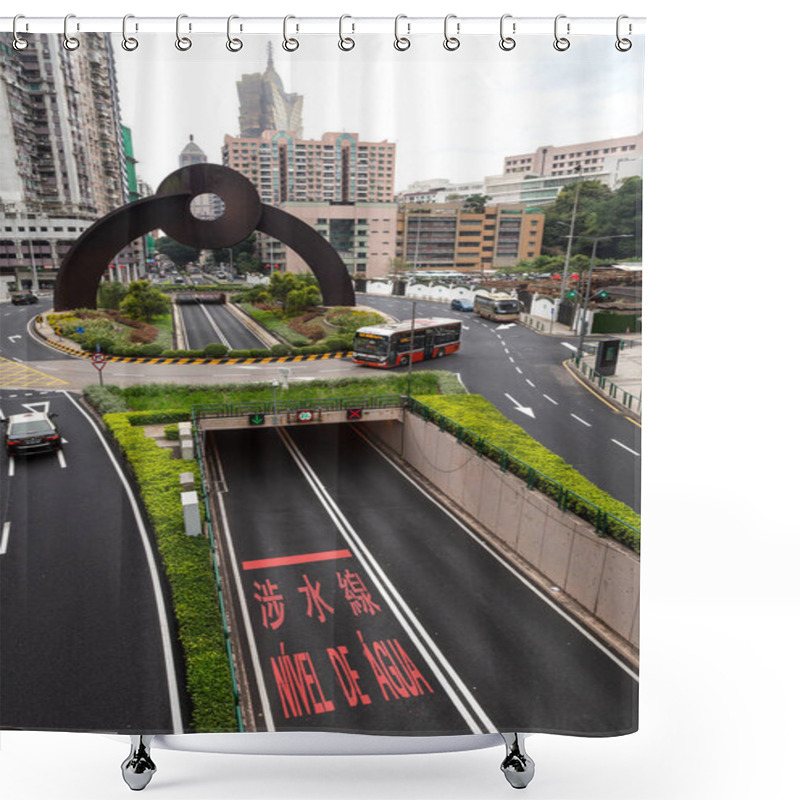 Personality  Public Bus And Cab Driving At Roundbout Of Macau Shower Curtains