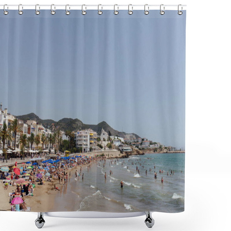 Personality  CATALONIA, SPAIN - APRIL 30, 2020: People Resting On Sandy Beach And Swimming In Sea Near Buildings And Palm Trees On Coast Shower Curtains