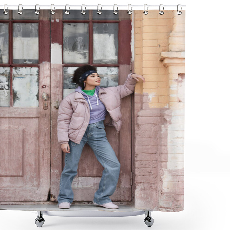 Personality  African American Woman In Jacket Standing Near Old Building  Shower Curtains