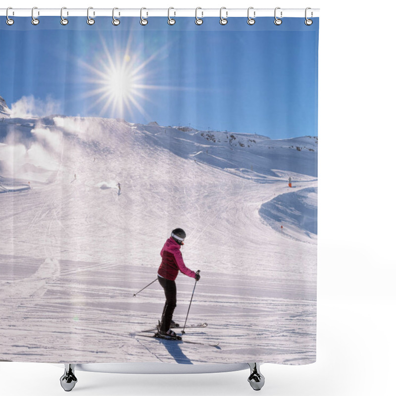 Personality  Woman Skier Skiing On Hintertux Glacier In Tyrol In Austria Shower Curtains