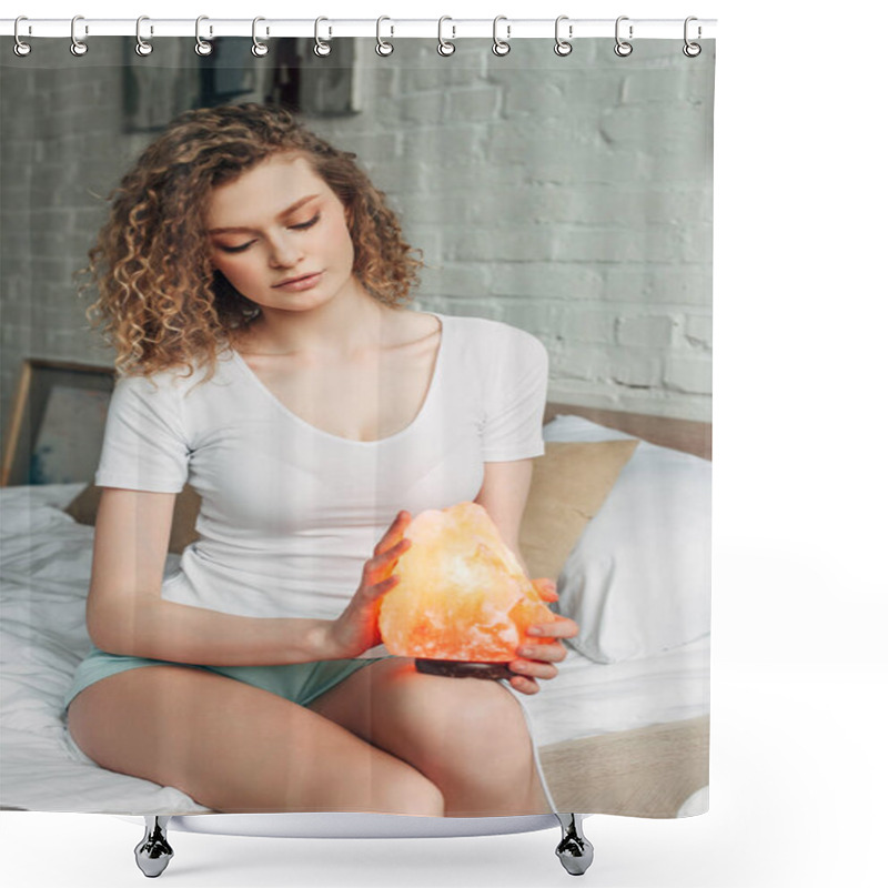 Personality  Attractive Curly Girl In Homewear Holding Himalayan Salt Lamp In Bedroom Shower Curtains