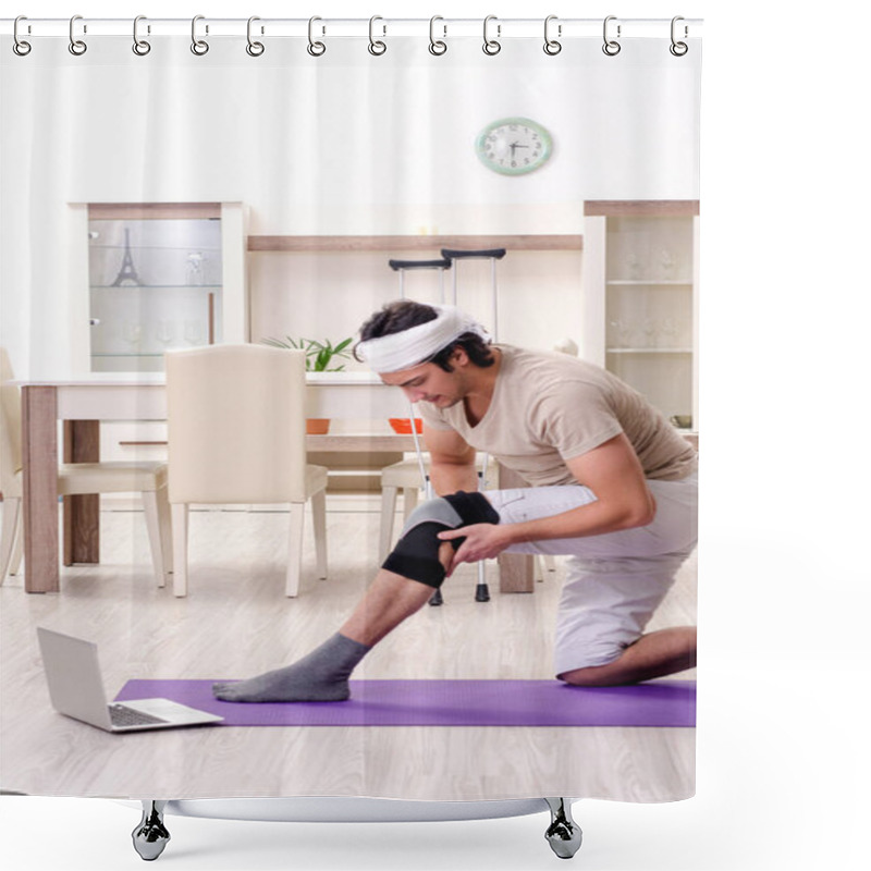 Personality  Injured Young Man Doing Exercises At Home Shower Curtains