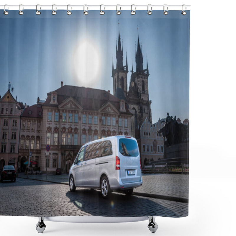 Personality  Prague, Czech Republic, 27.6.2019: Mercedes Benz V-class Parks In Front Of Building In Centre Of Prague. Luxury Mercedes On The Road. Shower Curtains