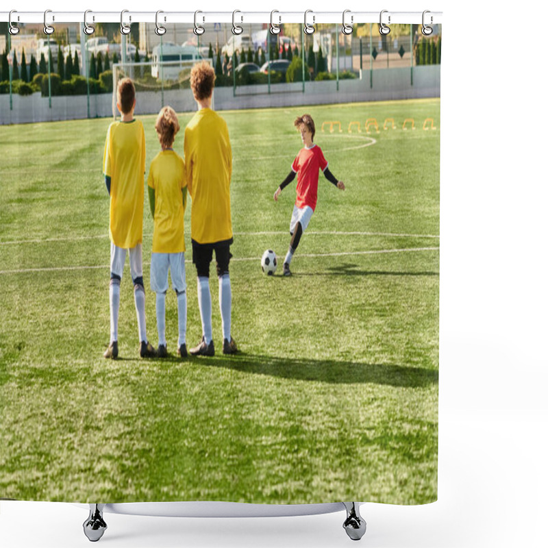 Personality  A Group Of Energetic Young Boys Proudly Stand On Top Of A Soccer Field, Exuding A Sense Of Triumph And Camaraderie As They Survey The Vast Playing Field Below Them. Shower Curtains