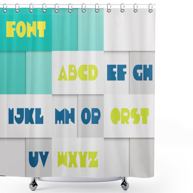 Personality  Set Of Stylized, Alphabet Letters Isolated On Abstract Background. Vector Contemporary, Bold Font Type. Retro Character Design. Distinct Logotype Typesetting Collection. Material Design Poster Shower Curtains