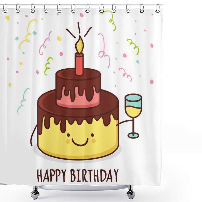 Personality  Cute Cartoon Smiling Cake With Glass Of Champagne. Vector Illust Shower Curtains