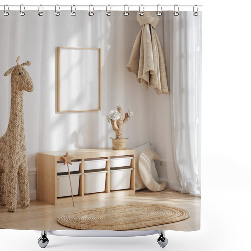 Personality  Mock Up Frame In Children Room Interior Background, 3D Render Shower Curtains