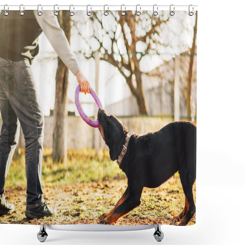 Personality  Male Cynologist Working With Trained Police Dog, Training Outdoor  Shower Curtains