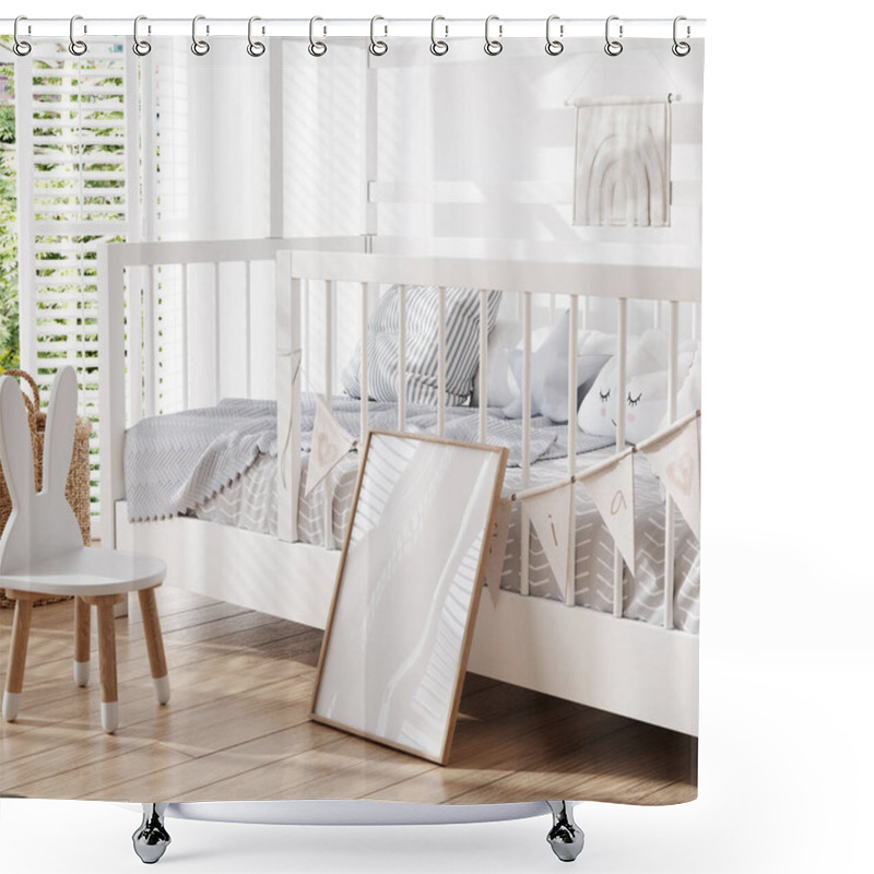 Personality  Mock Up Poster Frame In White Cozy Children Room Interior Background, 3D Render Shower Curtains