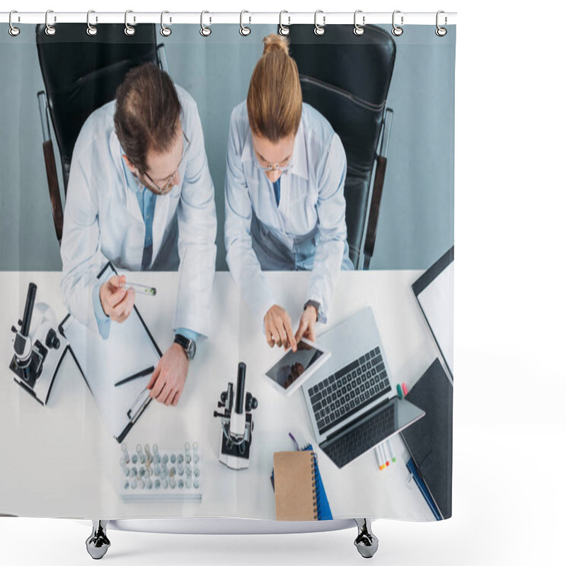 Personality  Overhead View Of Scientific Researchers In White Coats Using Tablet Together At Workplace In Laboratory Shower Curtains