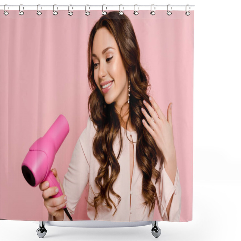 Personality  Happy Young Woman Using Hair Dryer Isolated On Pink  Shower Curtains