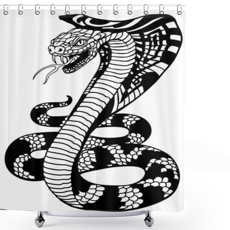 Personality  Cobra Poisonous Snake In A Defensive Position. Attacking Posture. Black And White Tattoo Style Vector Illustration Shower Curtains