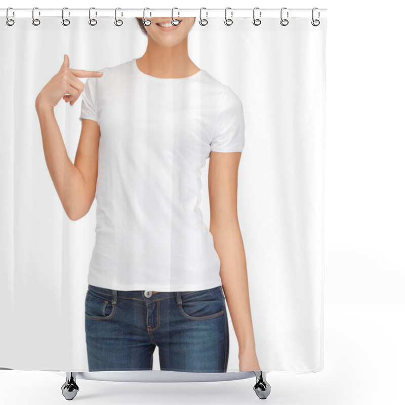 Personality  Woman In Blank White T-shirt Shower Curtains