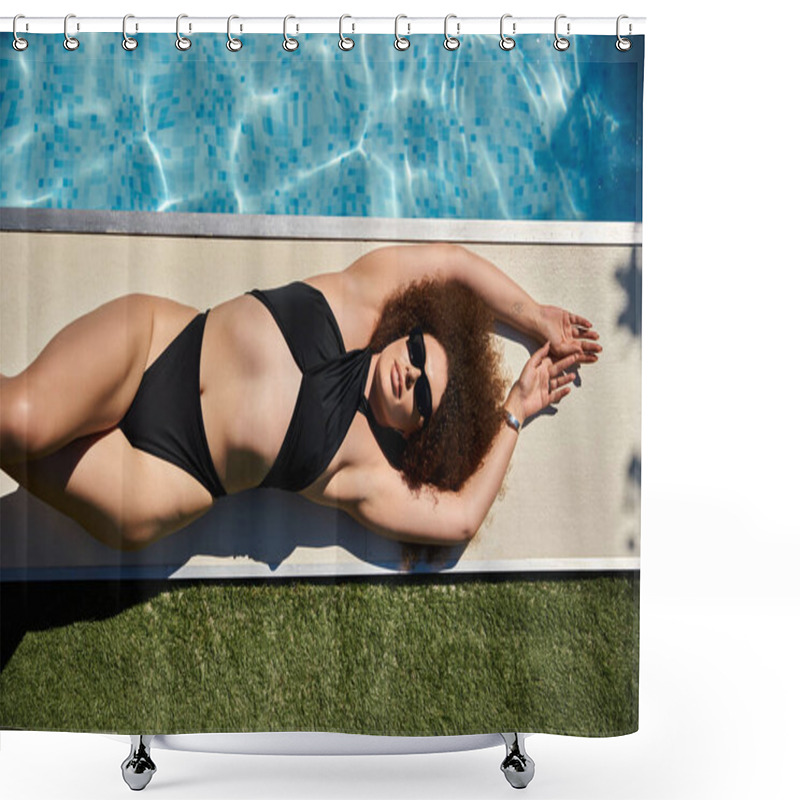 Personality  A Woman With Curly Hair Relaxes By The Pool In A Black Swimsuit, Enjoying The Summer Sun. Shower Curtains