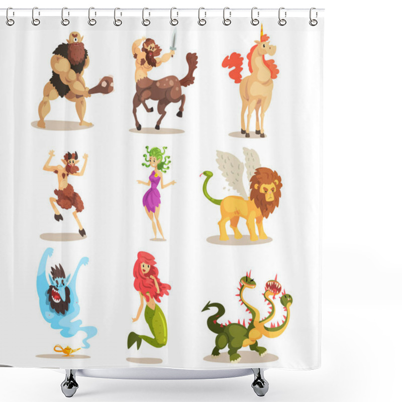 Personality  Ancient Mythical Creatures Set, Cyclops, Centaur, Unicorn, Satyr Faun, Medusa Gorgon, Three Headed Dragon, Mermaid, Winged Lion Vector Illustrations On A White Background Shower Curtains