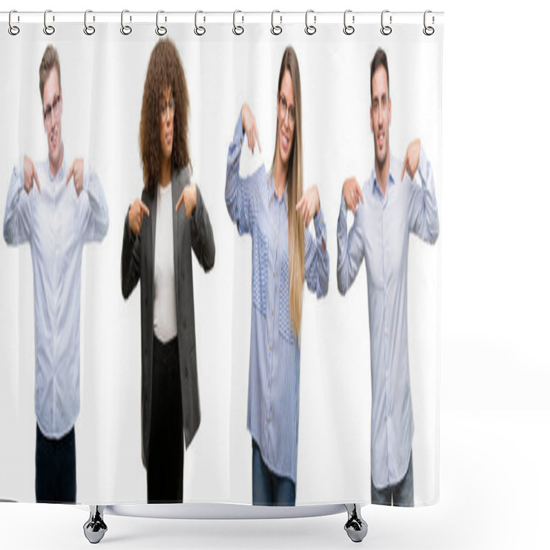 Personality  Team Of Business Men And Women Looking Confident With Smile On Face, Pointing Oneself With Fingers Proud And Happy. Shower Curtains