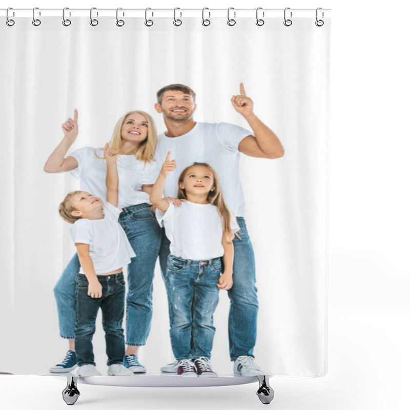 Personality  Happy Family Looking Up And Pointing With Fingers On White Shower Curtains