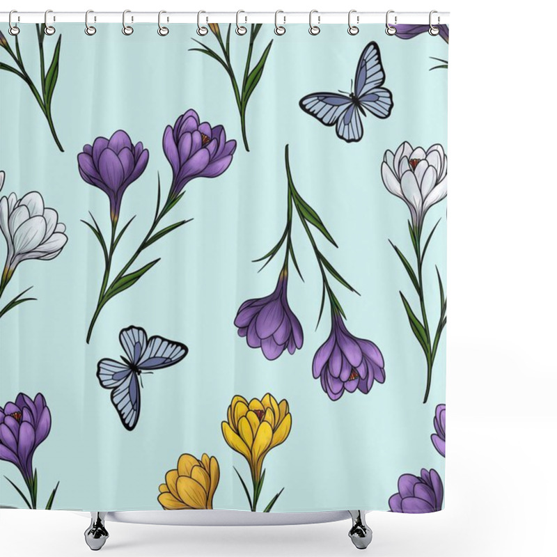 Personality  Spring Crocuses In Purple, White, And Yellow With Butterflies In Big Design On Pastel Blue Background Shower Curtains