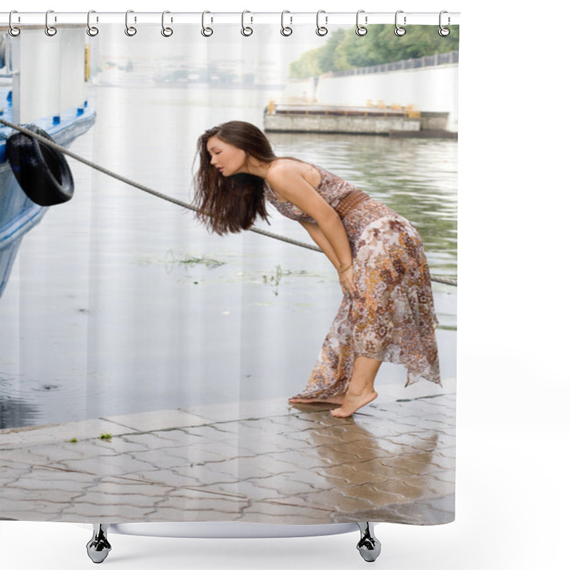 Personality  Beautiful Girl Walking Near River Shower Curtains