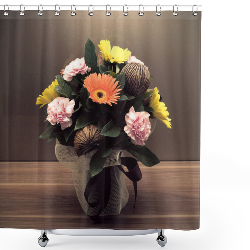 Personality  Beautiful Flower Bouquet On Wooden Table Shower Curtains