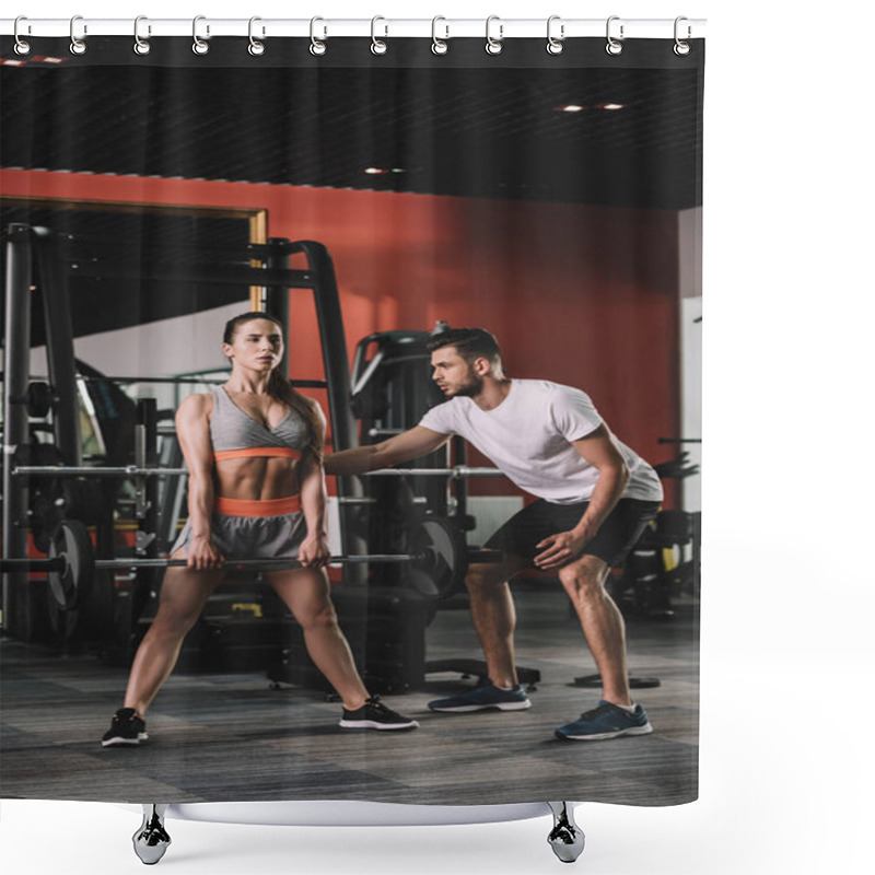 Personality  Handsome Trainer Supporting Attractive Sportswoman Lifting Barbell Shower Curtains