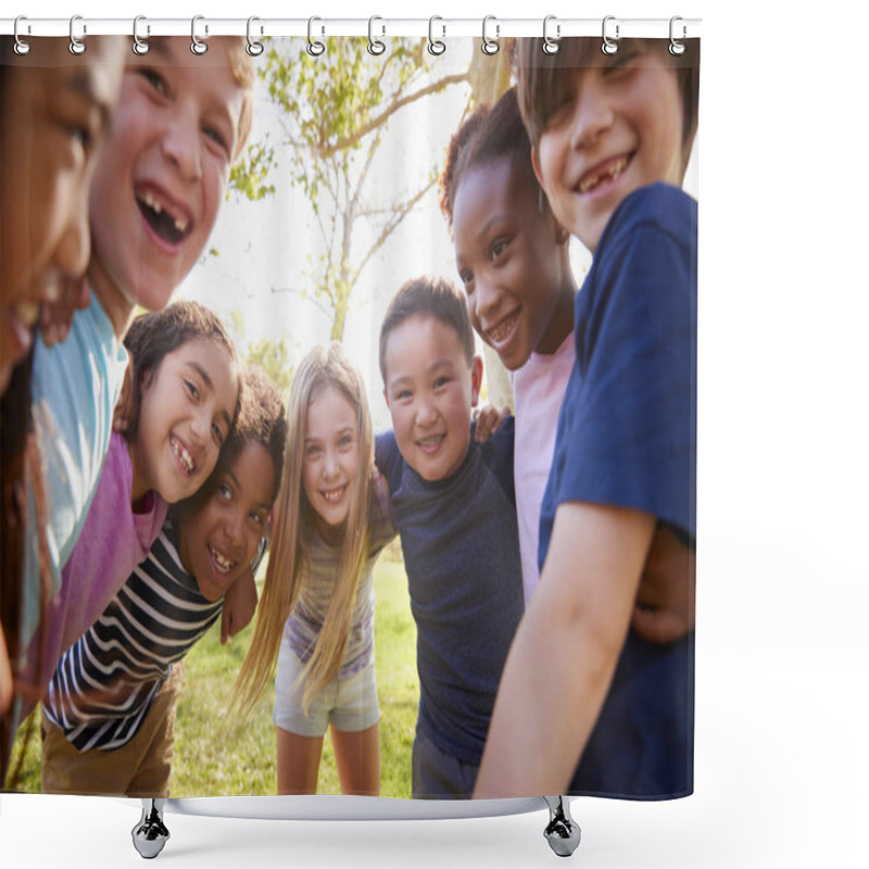 Personality  Multi-ethnic Group Of Schoolchildren Laughing And Embracing Shower Curtains