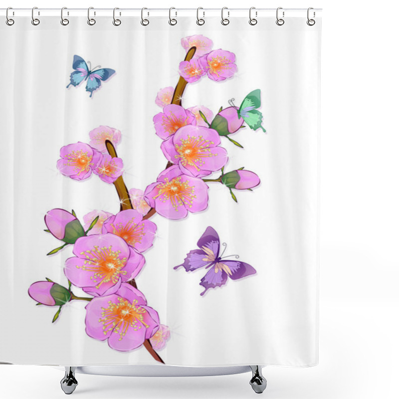 Personality  Flowers Of Cherry Tree And Butterflies Shower Curtains