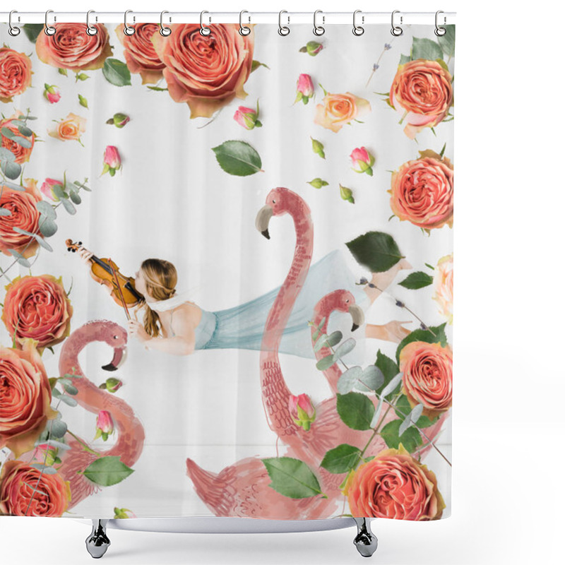 Personality  Floating Girl Playing Violin With Birds And Flowers Illustration  Shower Curtains