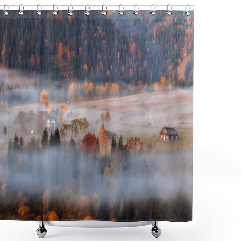 Personality  Autumn Ukrainian Carpathian Village In The Mist Shower Curtains