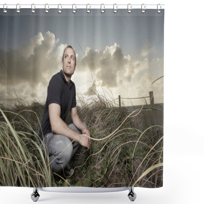 Personality  Man Squatting In The Dunes With A Sunrise In The Background Shower Curtains