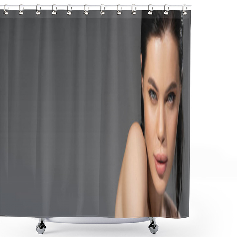 Personality  Young Woman With Naked Shoulders And Wet Hair Looking At Camera Isolated On Grey, Banner  Shower Curtains