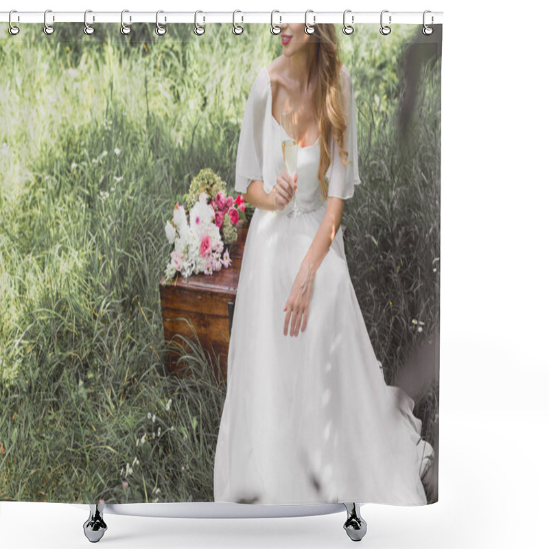 Personality  Cropped Shot Of Happy Young Bride Holding Glass Of Wine And Sitting On Vintage Chest   Shower Curtains