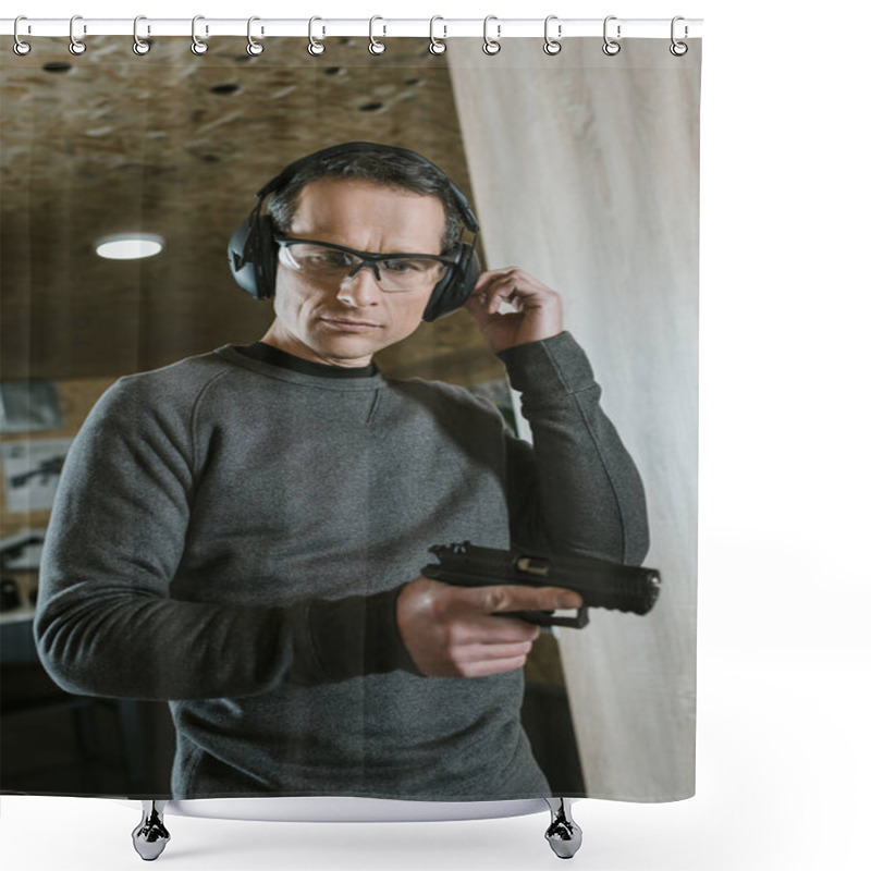 Personality  Handsome Man With Gun In Shooting Range Shower Curtains