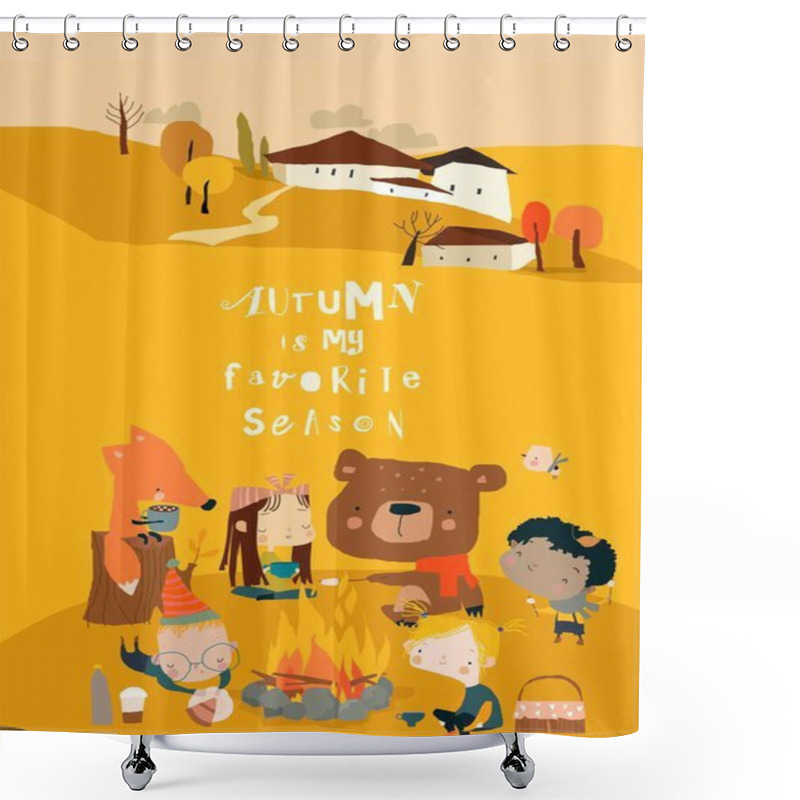 Personality  Cute Cartoon Friends Sitting Around Bonfire In Autumn Forest Shower Curtains