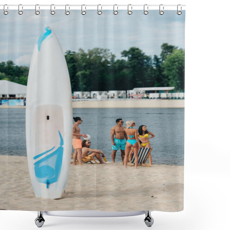 Personality  Surfing Board On Sand Near Multicultural Friends Resting On Riverside  Shower Curtains