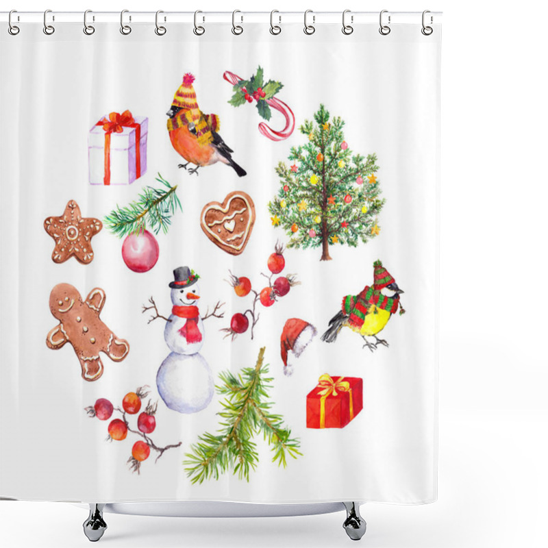 Personality  Christmas Elements - Christmas Tree, Gingerbreas Coockies, Present Boxes, Snowman, Fir Tree Branches, Birds. Watercolor Shower Curtains