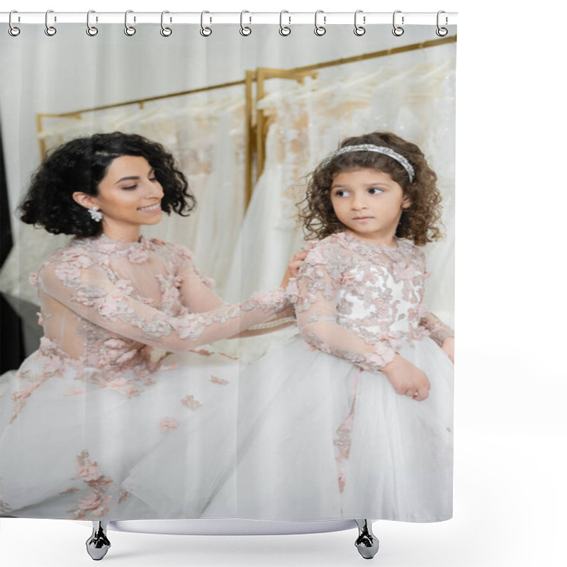 Personality  Charming Middle Eastern Bride With Brunette Wavy Hair In Wedding Dress Adjusting Cute Floral Dress Of Daughter In Bridal Salon, Shopping, Special Moment, Togetherness, Blurred White Gown  Shower Curtains