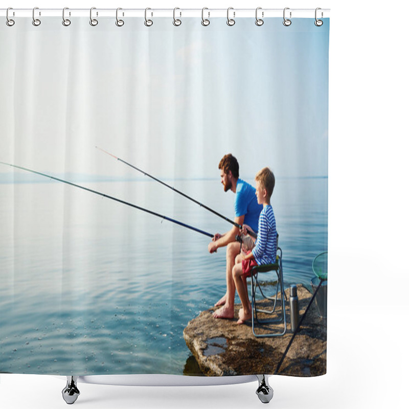 Personality  Young Man And Boy Fishing Together  Shower Curtains