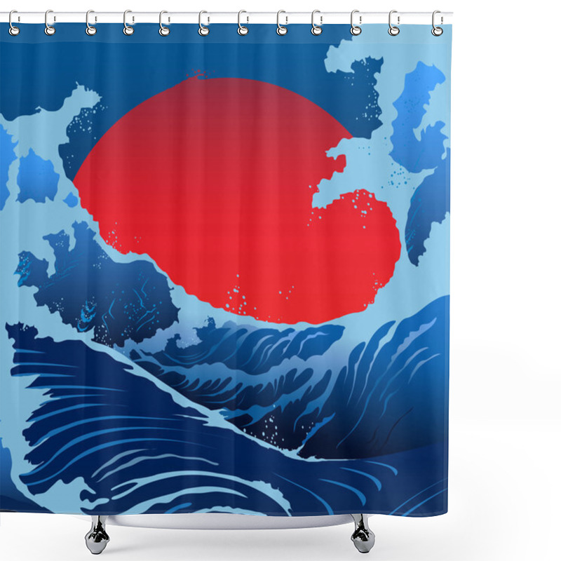 Personality  Blue Waves And Red Sun In The Japanese Style Shower Curtains