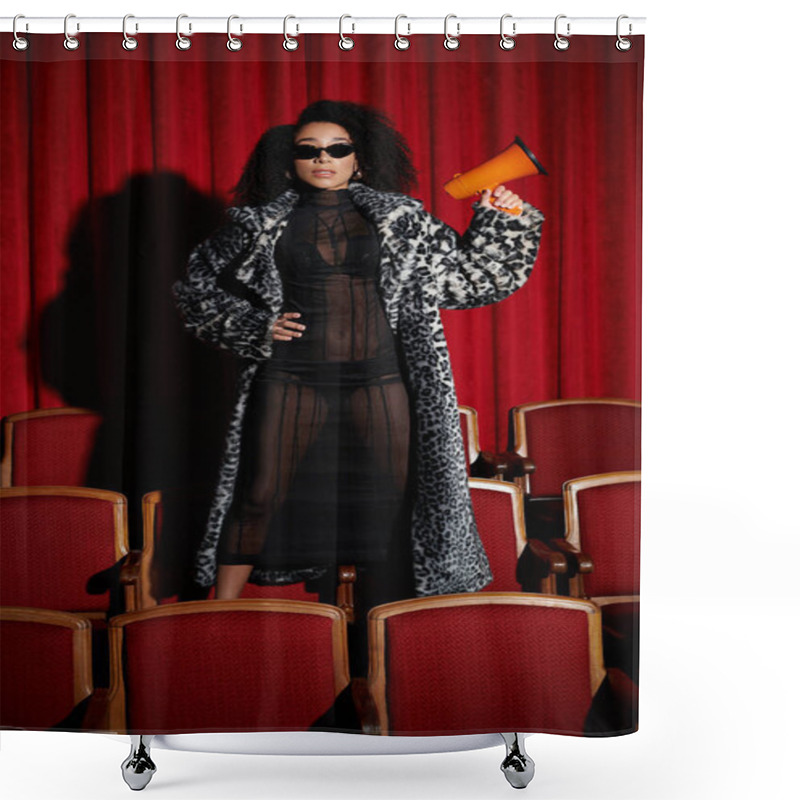 Personality  A Fashionably Dressed African American Woman Stands In A Cinema, Holding A Megaphone While Reacting To A Film On The Screen. Shower Curtains