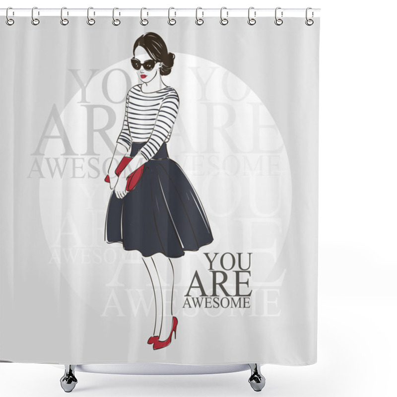 Personality  Beautiful Young Women In A Fashion Retro Clothes In Glasses With Bag And Midi Skirt. Vector Hand Drawn Illustration. Shower Curtains