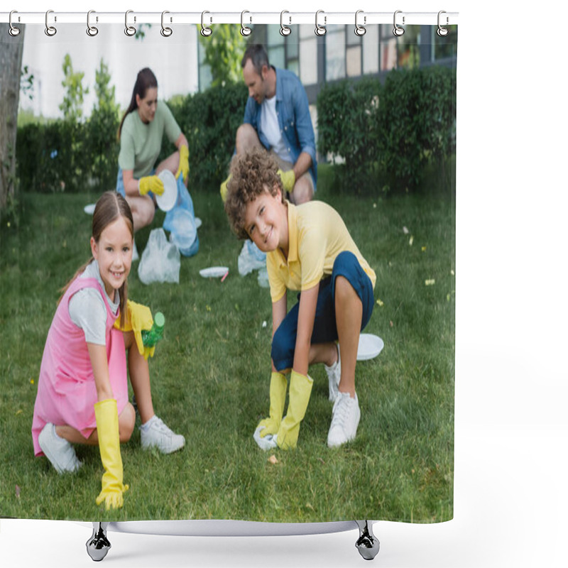 Personality  Smiling Kids In Rubber Gloves Holding Trash Near Blurred Mother And Dad On Lawn  Shower Curtains