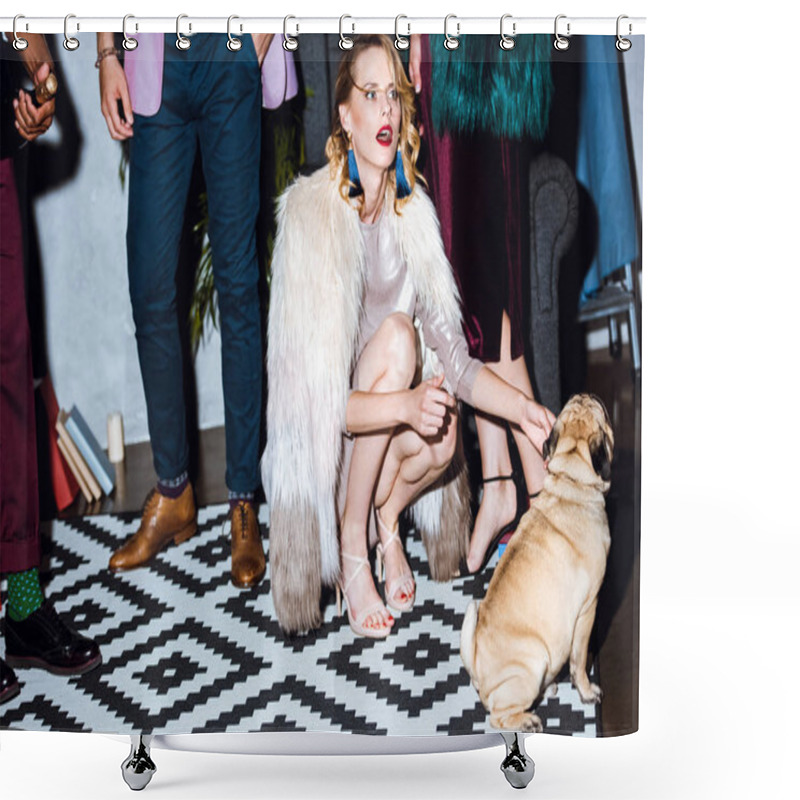 Personality  Young Woman With Pug Puppy Shower Curtains