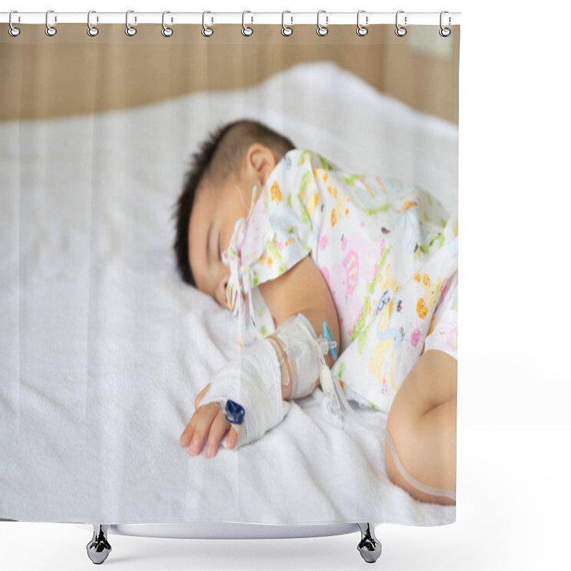 Personality  Asian Baby Boy Sleeping On Bed With Infusion Set At Child Department In The Hospital. Children With Infectious Diseases IPD, Invasive Pneumococcal Disease Concept. Infant Model One Year Six Months Shower Curtains