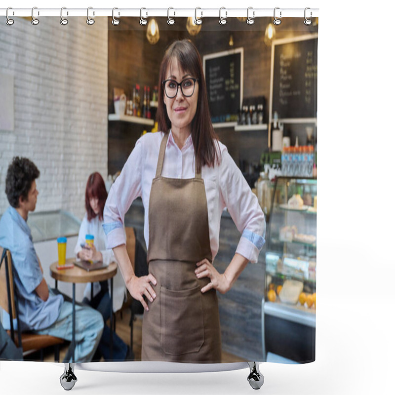 Personality  Portrait Of Confident Smiling Middle Aged Woman Coffee Shop Owner, Worker. Female In Apron Looking At Camera Inside Cafe Hall, Customers Drinking Coffee, Working Barista. Small Business, Work, People Shower Curtains