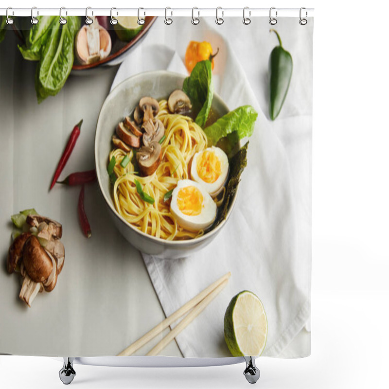 Personality  Traditional Asian Ramen In Bowl Near Chopsticks, Napkin And Vegetables On Grey Surface Shower Curtains