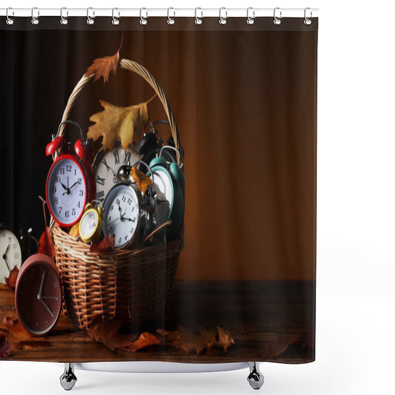 Personality  Alarm Clocks And Dry Leaves In Wicker Basket On Wooden Table Against Brown Background, Space For Text Shower Curtains