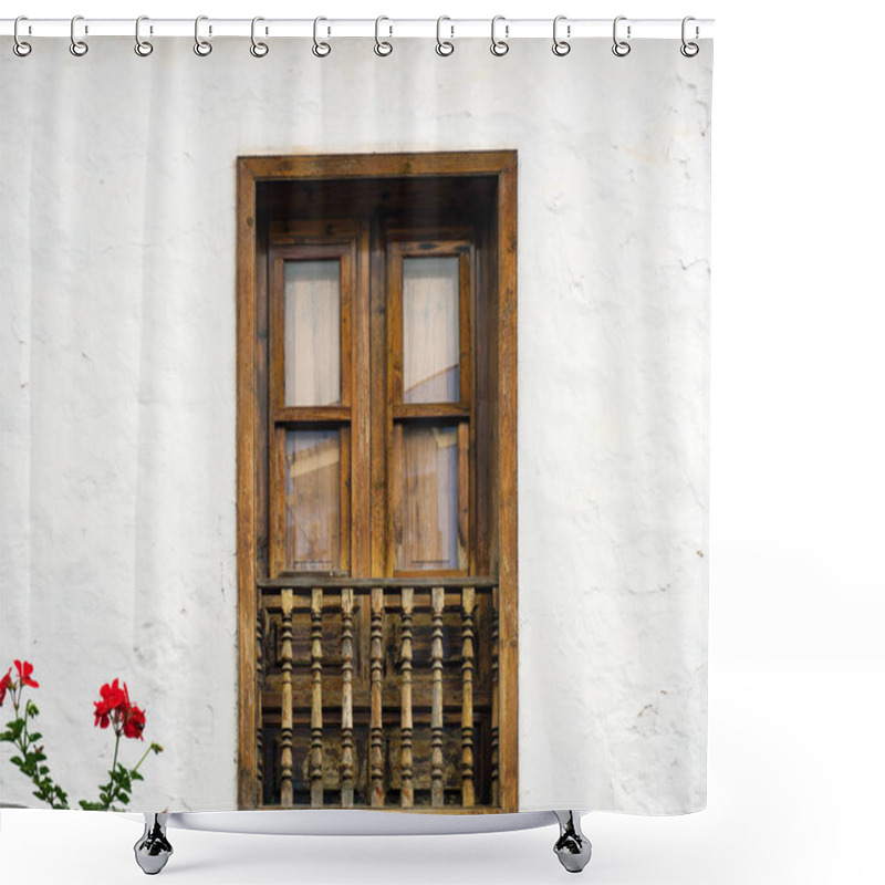 Personality   White House Wall With Brown Wooden Window With Ornaments Typical For Tenerife Shower Curtains