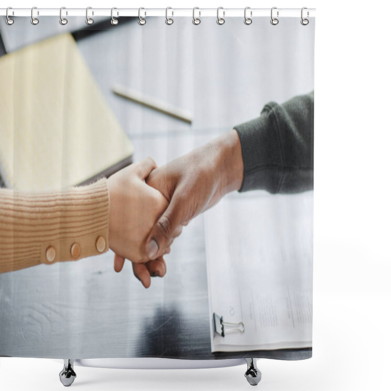 Personality  High Angle Closeup Of Two People Shaking Hands Over Meeting Table In Office After Successful Deal Or Job Interview Shower Curtains